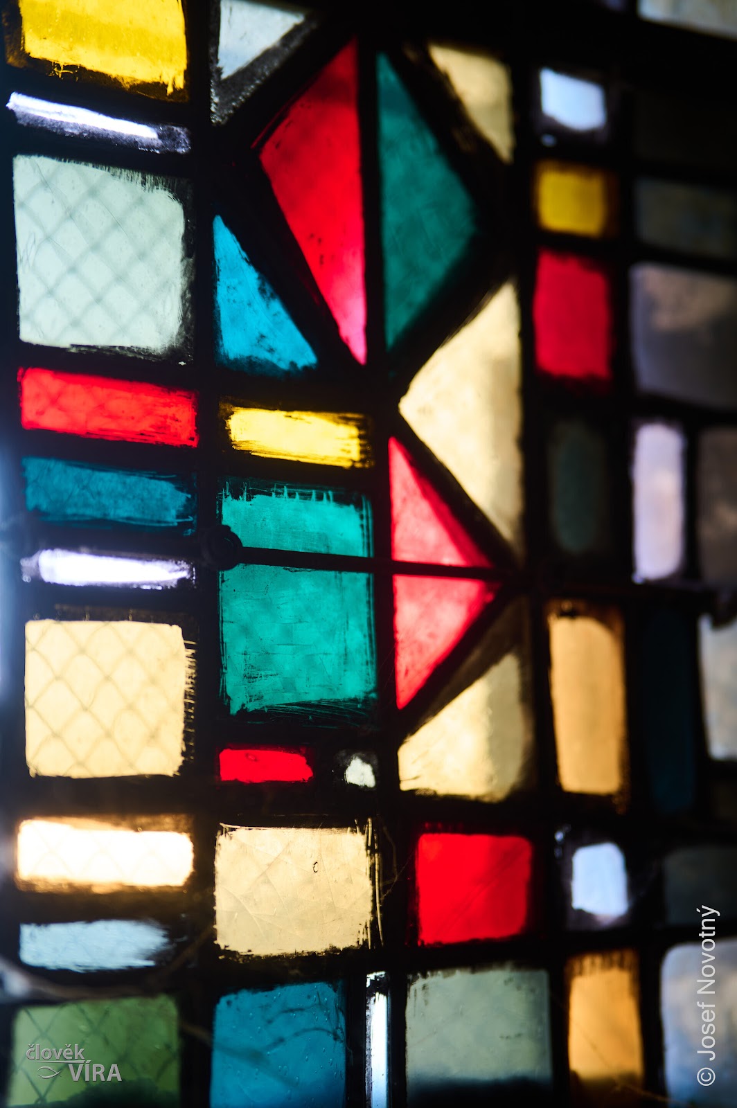 Close-up of coloured stained glass panes